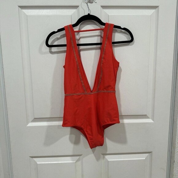 New Ellejay Swim wear Aubrey Red Orange Plunging V 1 Piece Bathing Suit Medium - Picture 6 of 10